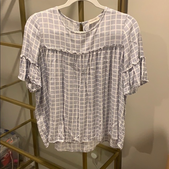 Blue and White Square Pattern Ruffle Blouse - Picture 2 of 4